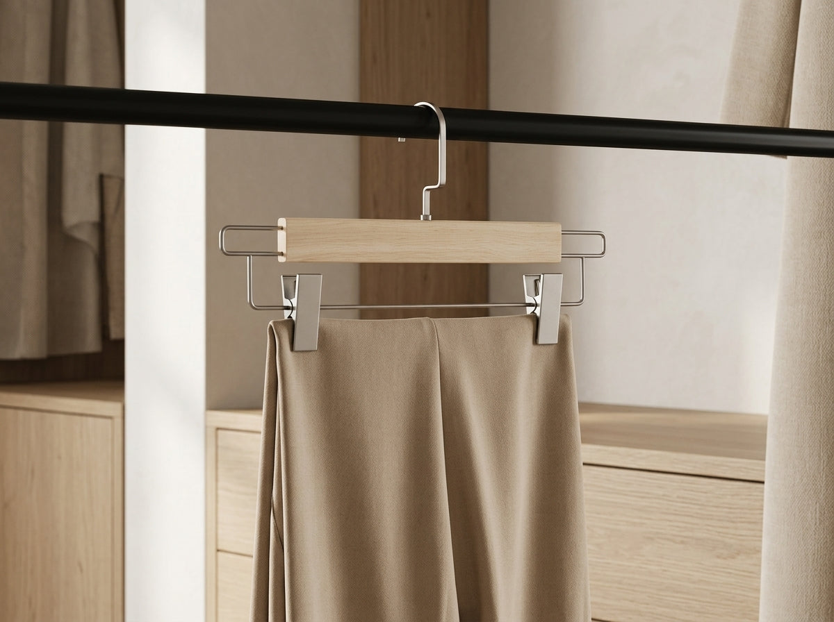 Rubberwood Pants Hanger with Metal Clips & 360° Swivel Hook