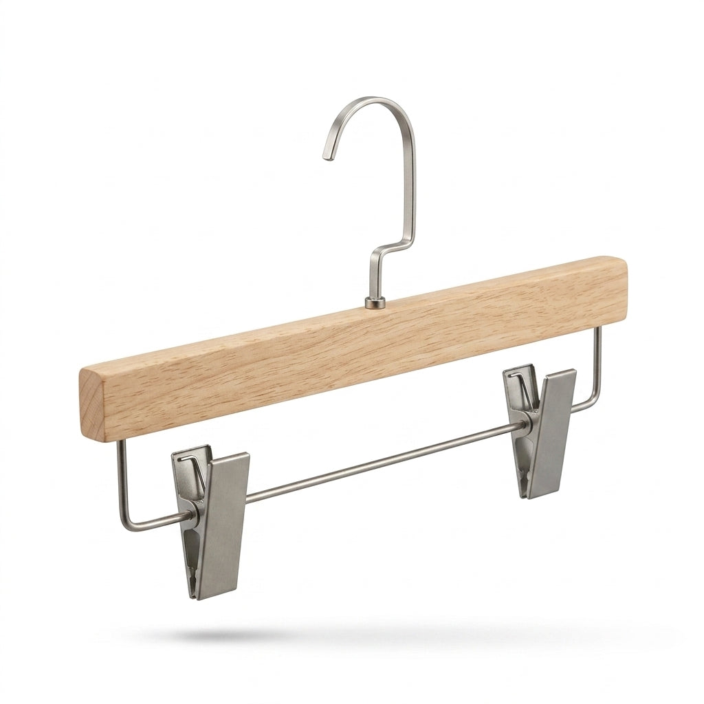 Rubberwood Pants Hanger with Metal Clips & 360° Swivel Hook