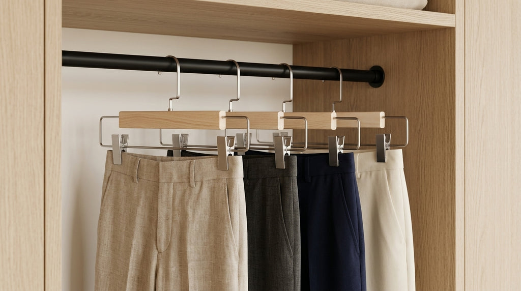 Rubberwood Pants Hanger with Metal Clips & 360° Swivel Hook